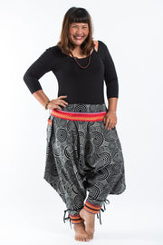 Plus Size Swirls Prints Thai Hill Tribe Fabric Women Harem Pants with Ankle Straps in Black