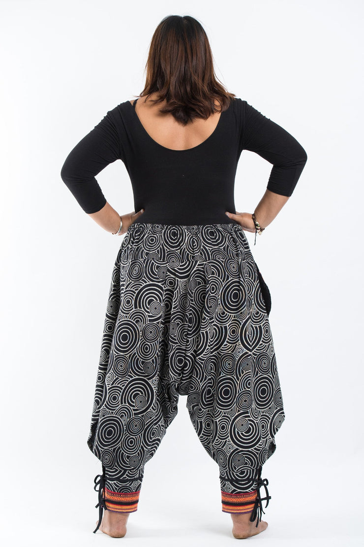 Plus Size Swirls Prints Thai Hill Tribe Fabric Women Harem Pants with Ankle Straps in Black