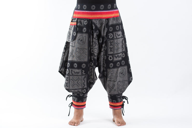 Plus Size Black and Gray Thai Hill Tribe Fabric Women Harem Pants with Ankle Straps