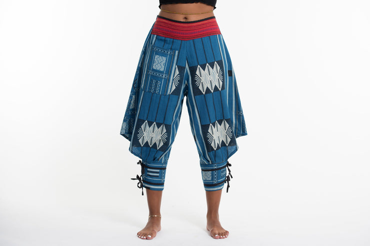 Thai Hill Tribe Fabric Women's Harem Pants with Ankle Straps in Blue