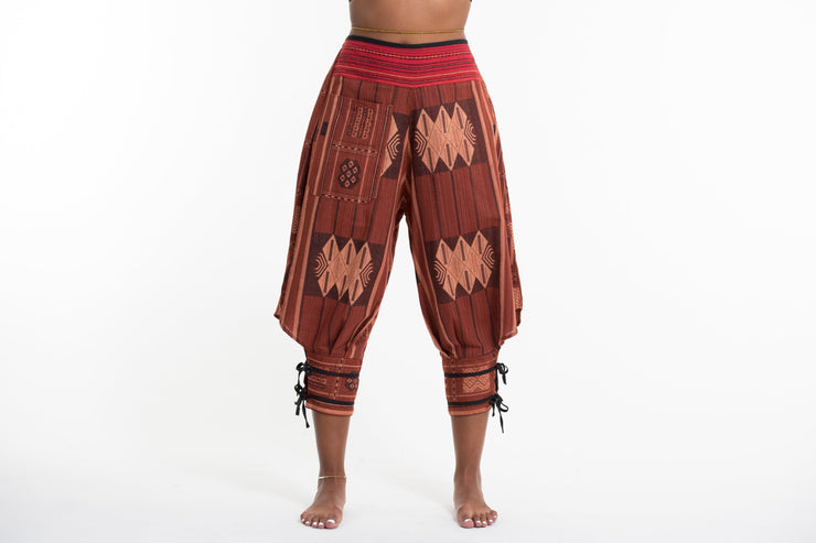 Thai Hill Tribe Fabric Men Harem Pants with Ankle Straps in Brick Orange