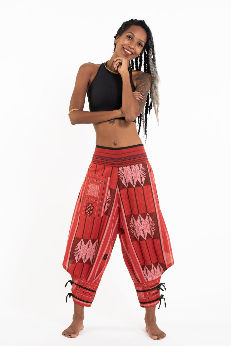 Thai Hill Tribe Fabric Women's Harem Pants with Ankle Straps in Red