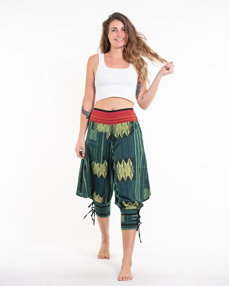 Thai Hill Tribe Fabric Women's Harem Pants with Ankle Straps in Teal