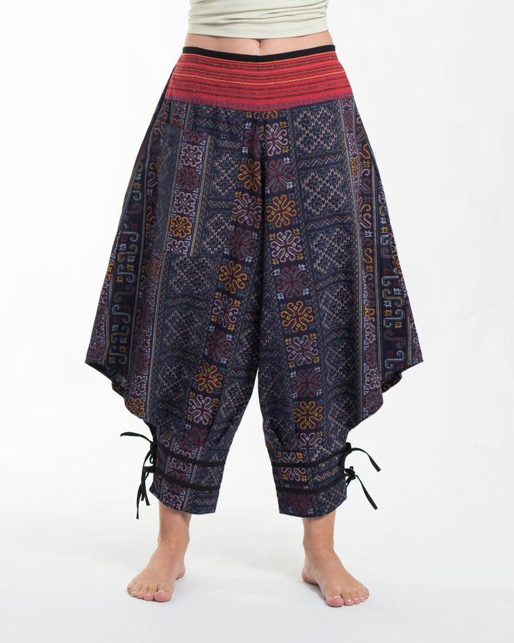 Clovers Thai Hill Tribe Fabric Women's Harem Pants with Ankle Straps in Blue