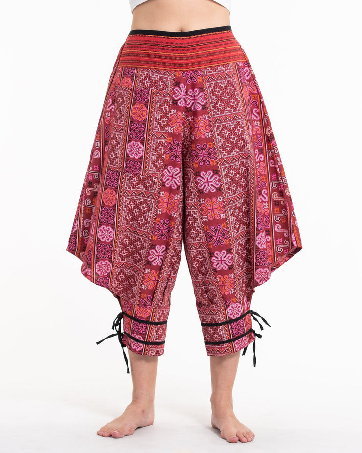 Clovers Thai Hill Tribe Fabric Women's Harem Pants with Ankle Straps in Pink Red