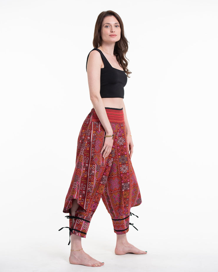 Clovers Thai Hill Tribe Fabric Women's Harem Pants with Ankle Straps in Red