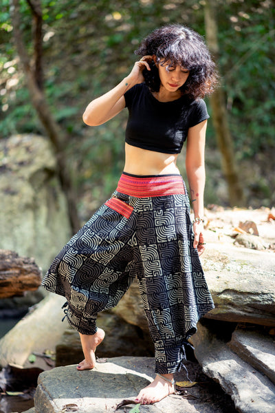 Maze Prints Thai Hill Tribe Fabric Women's Harem Pants with Ankle Straps in Black