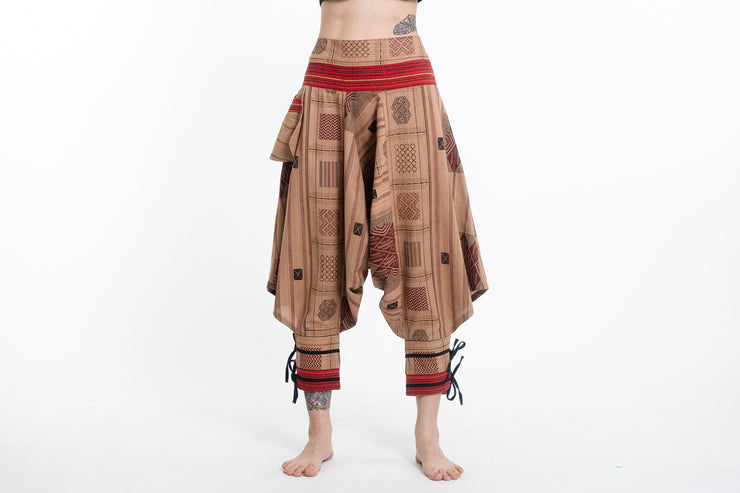 Thai Hill Tribe Fabric Women's Harem Pants with Ankle Straps in Beige