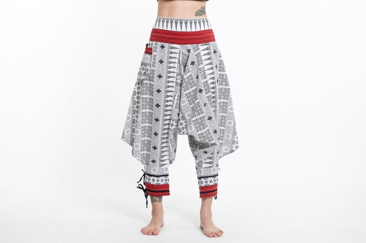 Traditional Prints Thai Hill Tribe Fabric Women's Harem Pants with Ankle Straps in White