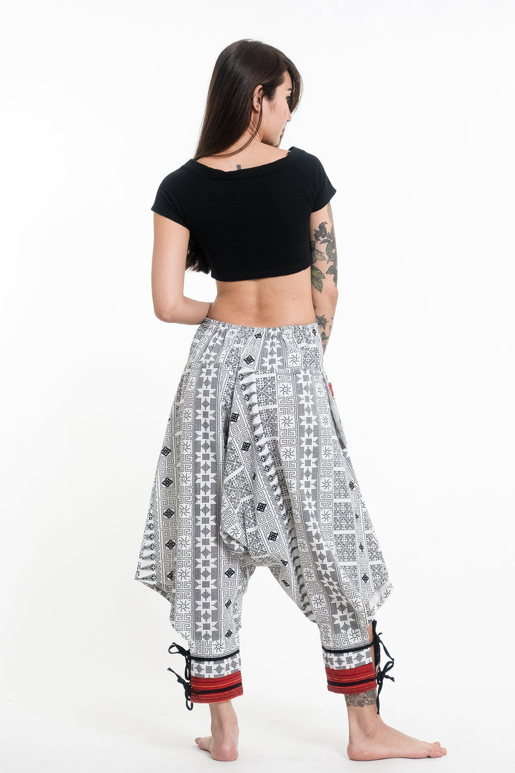 Traditional Prints Thai Hill Tribe Fabric Women's Harem Pants with Ankle Straps in White