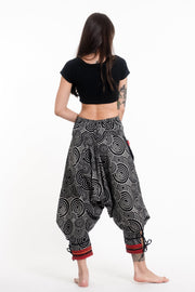 Swirls Prints Thai Hill Tribe Fabric Women's Harem Pants with Ankle Straps in Black