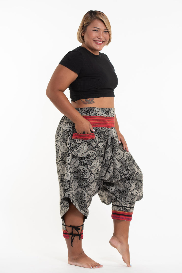 Plus Size Paisley Thai Hill Tribe Fabric Women's Harem Pants with Ankle Straps