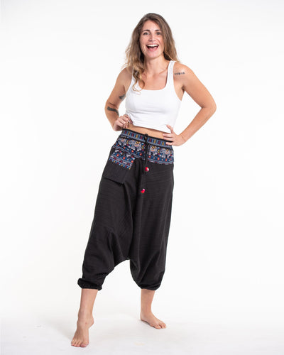 Pinstripe Cotton Low Cut Women's Harem Pants with Elephant Trim in Black