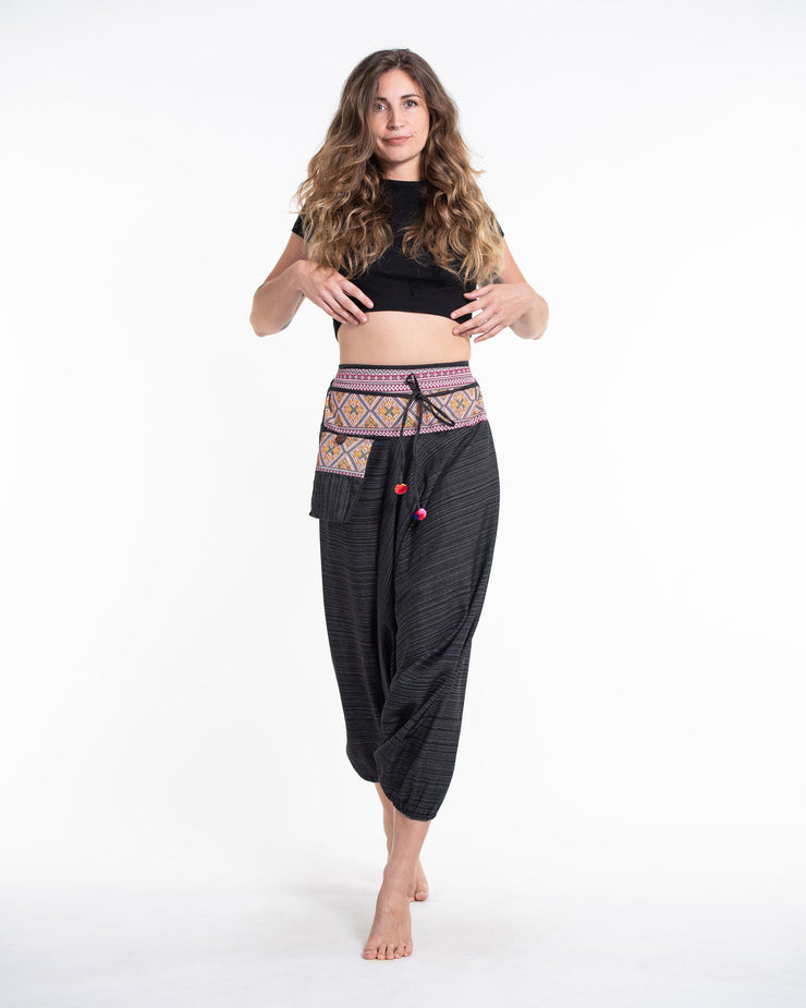 Pinstripe Cotton Low Cut Women's Harem Pants With Hill Tribe Trim Black