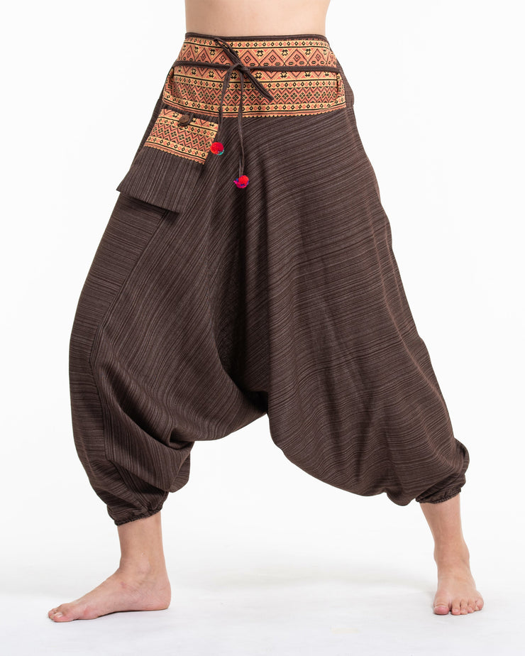 Pinstripe Cotton Low Cut Women's Harem Pants With Hill Tribe Trim Brown