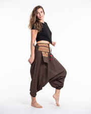 Pinstripe Cotton Low Cut Women's Harem Pants With Hill Tribe Trim Brown