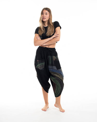 Two Tone Rainbow Prints Women's Three Quarter Pants in Black