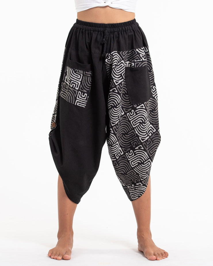 Two Tone Maze Print Women's Three Quarter Pants in Black