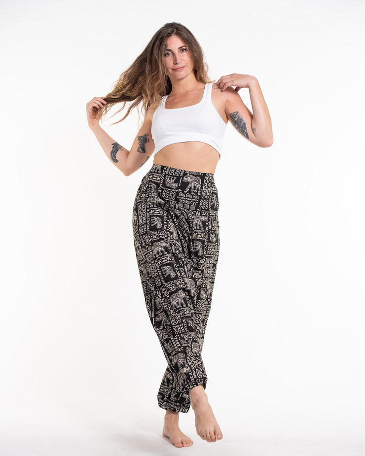 Hill Tribe Elephant Print Women's Harem Pants in Black