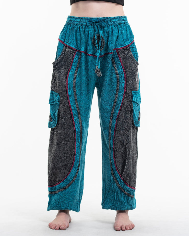 Women's Patchwork Stone Washed Cargo Cotton Pants in Blue 03