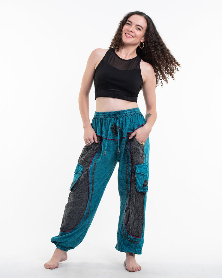 Women's Patchwork Stone Washed Cargo Cotton Pants in Blue 03