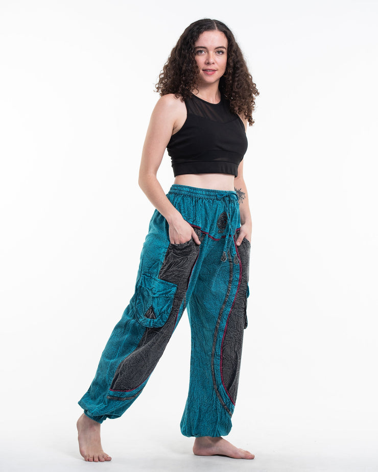 Women's Patchwork Stone Washed Cargo Cotton Pants in Blue 03