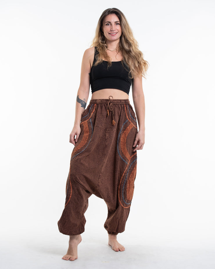 Women's Patchwork Stone Washed Low Cut Cotton Pants in Brown 01