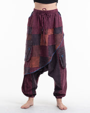 Women's Patchwork Stone Washed Low Cut Cotton Pants in Maroon 02