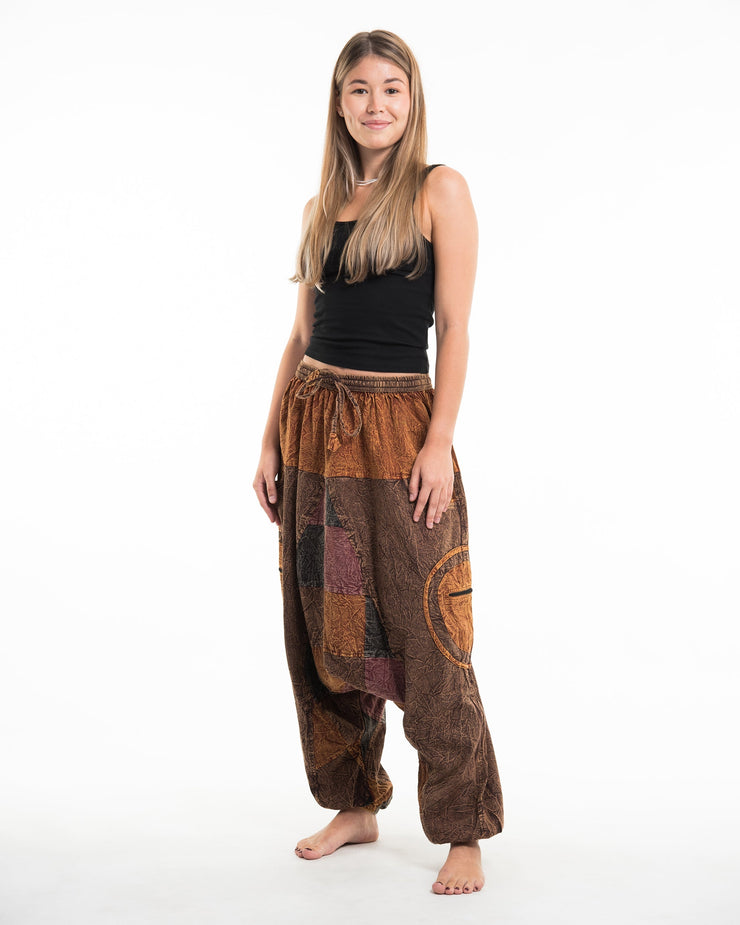 Women's Patchwork Stone Washed Low Cut Cotton Pants in Brown 03