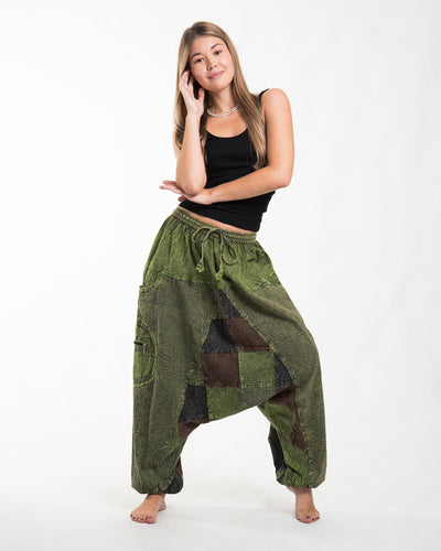 Women's Patchwork Stone Washed Low Cut Cotton Pants in Green 03