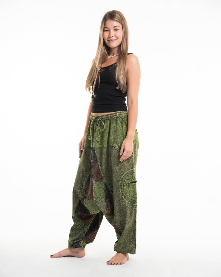 Women's Patchwork Stone Washed Low Cut Cotton Pants in Green 03