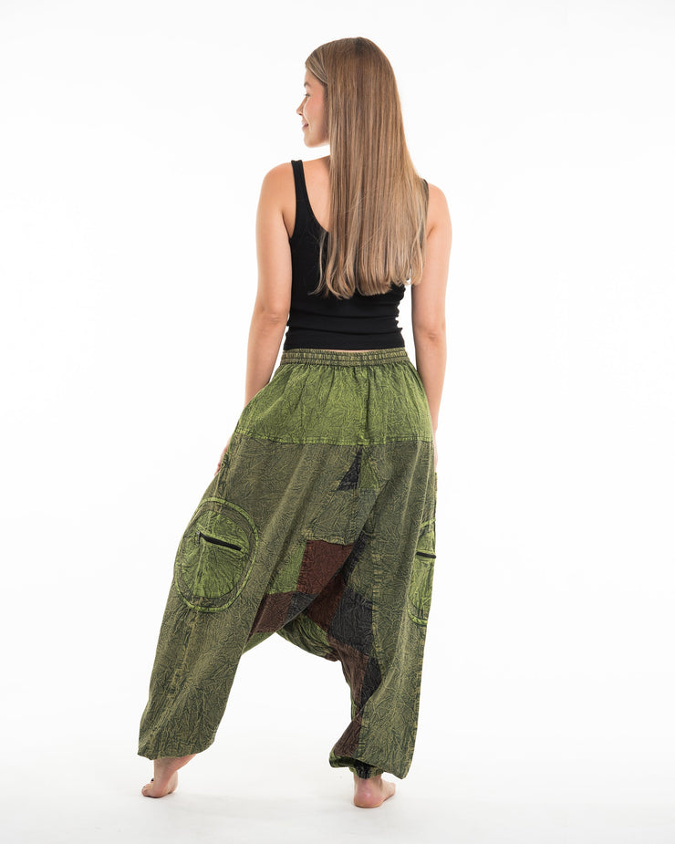 Women's Patchwork Stone Washed Low Cut Cotton Pants in Green 03