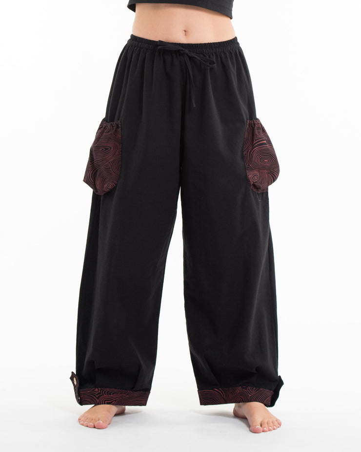 Thai Cotton Women Drawstring Pants With Hill Tribe Trim Black