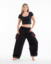 Thai Cotton Women Drawstring Pants With Hill Tribe Trim Black