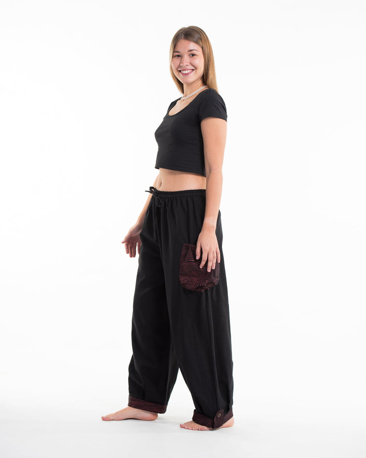 Thai Cotton Women Drawstring Pants With Hill Tribe Trim Black