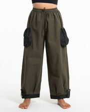 Thai Cotton Women Drawstring Pants With Hill Tribe Trim Olive