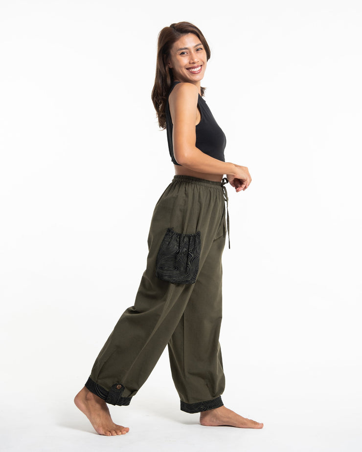 Thai Cotton Women Drawstring Pants With Hill Tribe Trim Olive