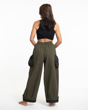 Thai Cotton Women Drawstring Pants With Hill Tribe Trim Olive