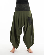 Women's Thai Button Up Cotton Pants with Hill Tribe Trim Olive