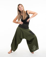 Women's Thai Button Up Cotton Pants with Hill Tribe Trim Olive