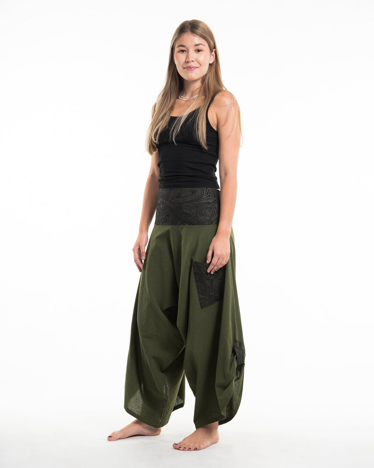 Women's Thai Button Up Cotton Pants with Hill Tribe Trim Olive