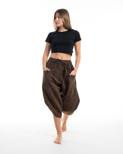 Stone Washed Large Pockets Women's Harem Pants in Brown