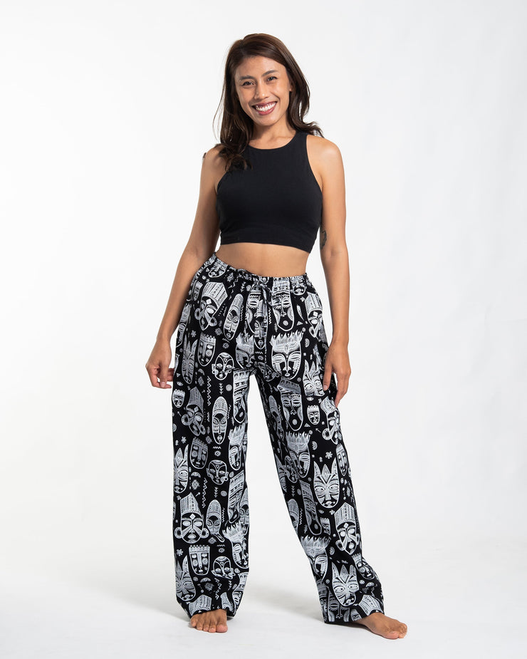 Tribal Mask Print Women Cotton Pants in Black