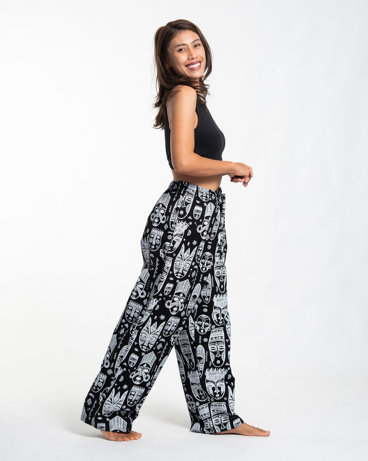 Tribal Mask Print Women Cotton Pants in Black