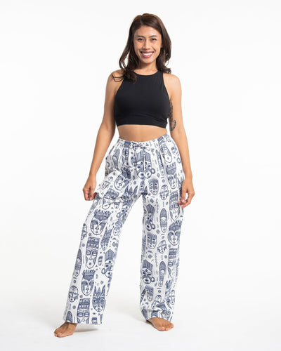 Tribal Mask Print Women Cotton Pants in White