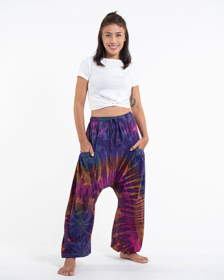 Tie Dye Cotton Women Harem Pants in Purple Rainbow