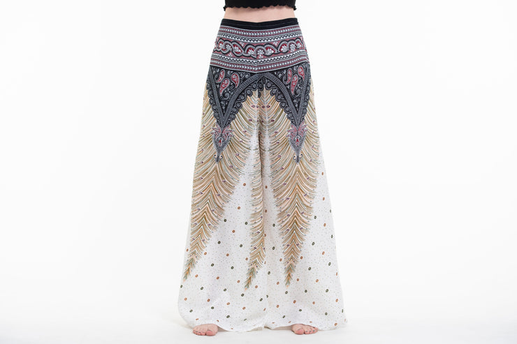 Peacock Feathers Palazzo Style Harem Pants in White