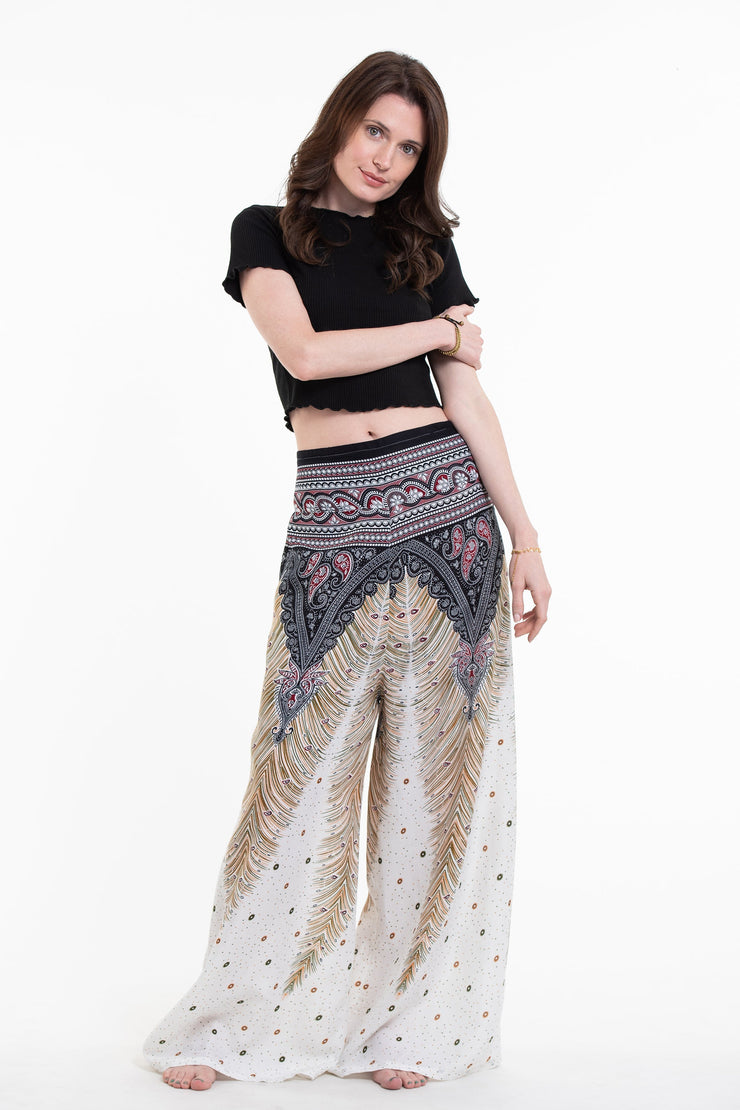 Peacock Feathers Palazzo Style Harem Pants in White