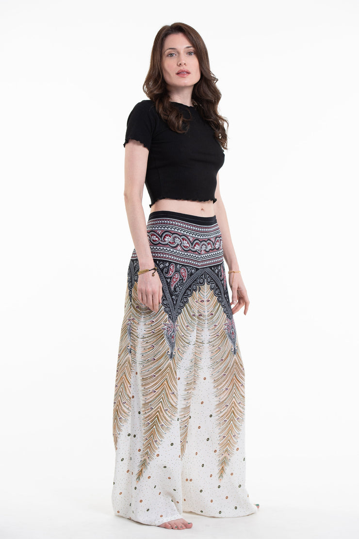 Peacock Feathers Palazzo Style Harem Pants in White