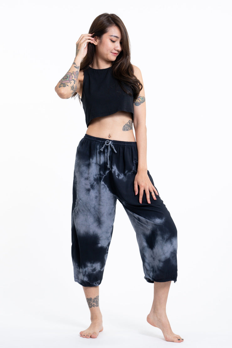 Women's Tie Dye Drawstring Yoga Massage Cropped Pants in Black